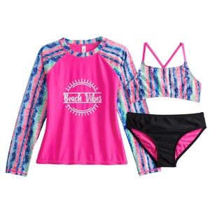 SO Tie Dye Beach Vibes Bikini Top Bottoms Long Sleeve Rash Guard Swimsuit Set Gi